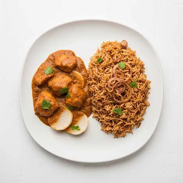 Kashmiri Radish & Fish Curry with brown onion & saffron rice